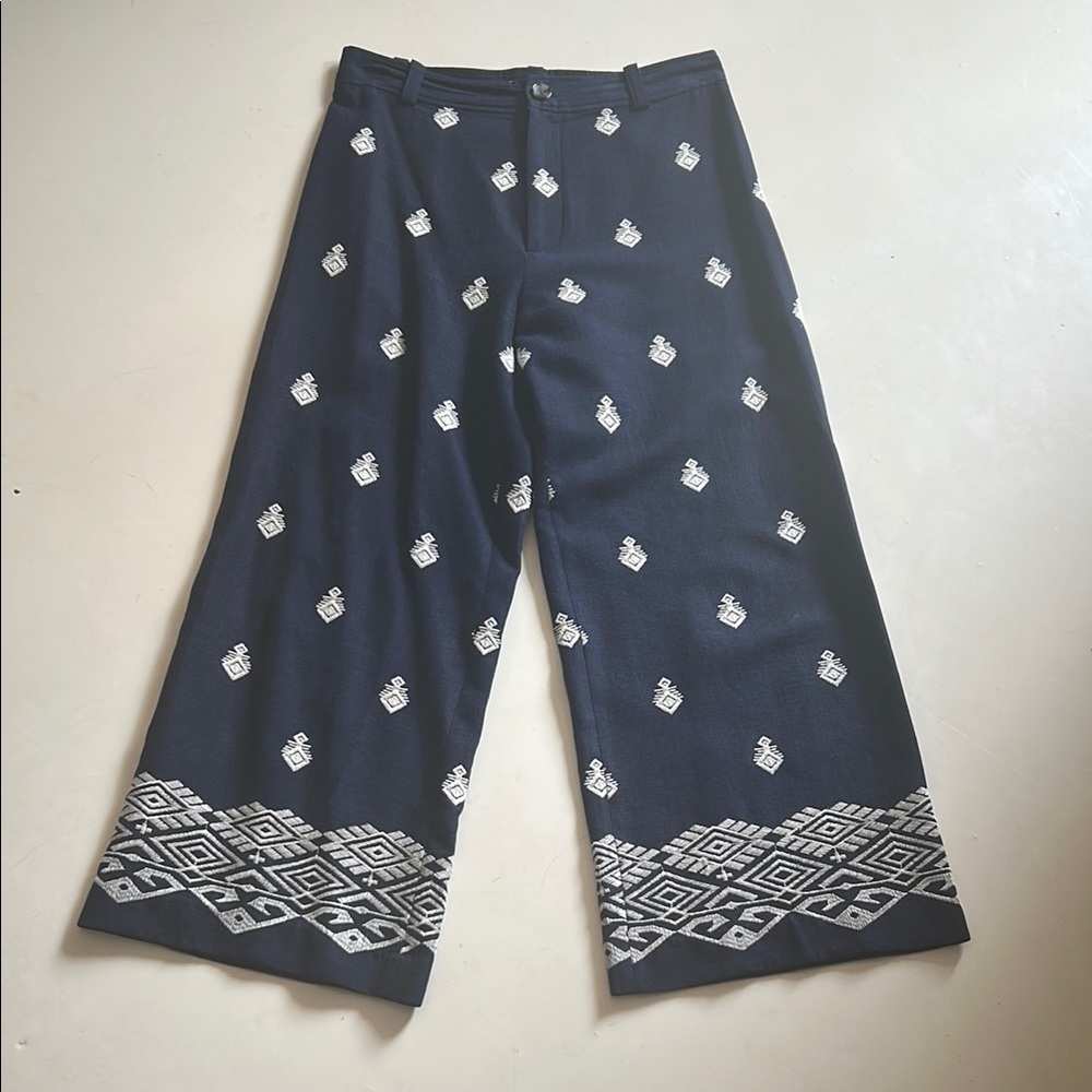 Zara Navy High-Waist Wide-Leg Pants